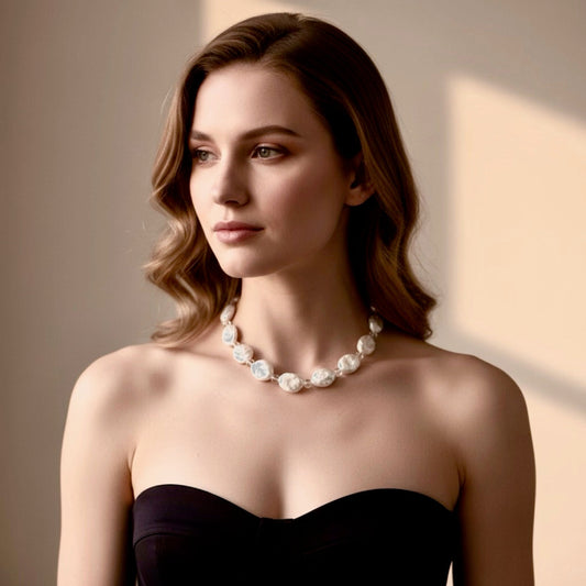 Seafoam Mist pairs clear quartz beads known for clarity, healing, and amplifying positive energy, with the unique beauty of baroque coin pearls, symbol of prosperity.