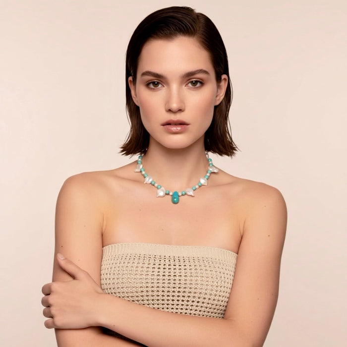 Handcrafted OOAK (one-of-a-kind) ocean-inspired adjustable necklace with turquoise stones and keshi freshwater pearls.