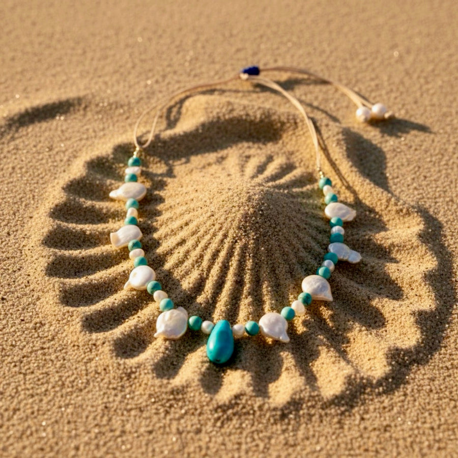 Handcrafted OOAK (one-of-a-kind) ocean-inspired adjustable necklace with turquoise stones and keshi freshwater pearls.