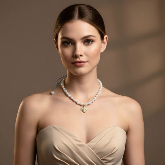 Embrace the serene beauty of the sea with the Cerulean Voyager adjustable necklace, combining light blue shell rondelles with lustrous freshwater pearls, finished with a charming stainless steel tortoise pendant.