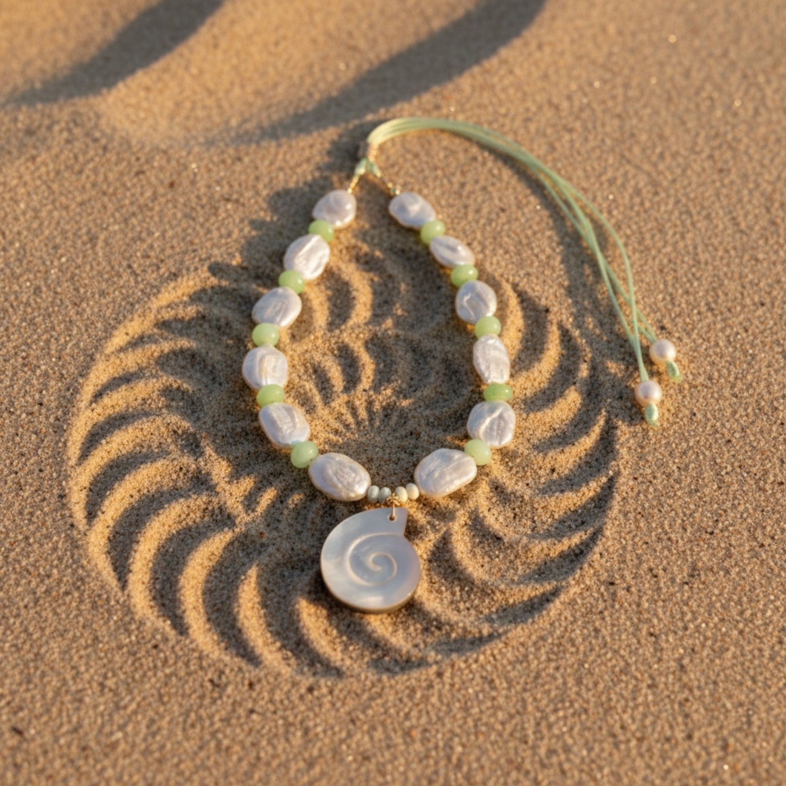 Ocean Muse – Mist Green evokes the tranquil hush of seafoam drifting along a quiet shore. This serene necklace pairs luminous baroque pearls—each one naturally unique—with soft green opal rondelles that shimmer with subtle, misty hues reminiscent of ocean waters at dawn.