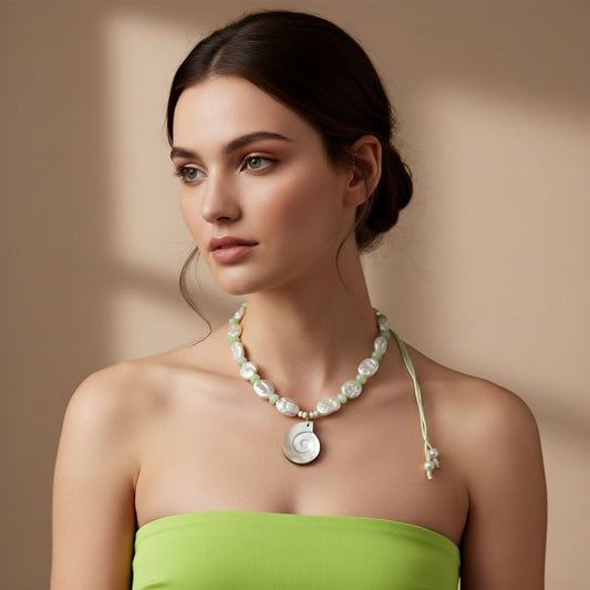 Ocean Muse – Mist Green evokes the tranquil hush of seafoam drifting along a quiet shore. This serene necklace pairs luminous baroque pearls—each one naturally unique—with soft green opal rondelles that shimmer with subtle, misty hues reminiscent of ocean waters at dawn.