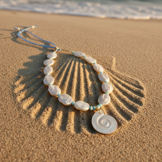 Ocean Muse – Azure captures the radiant clarity of open skies meeting endless sea. This luminous necklace features organically shaped baroque pearls, each one a testament to nature’s artistry, paired with light blue opal rondelles that shimmer with soft, tranquil tones reminiscent of gentle ocean waves.