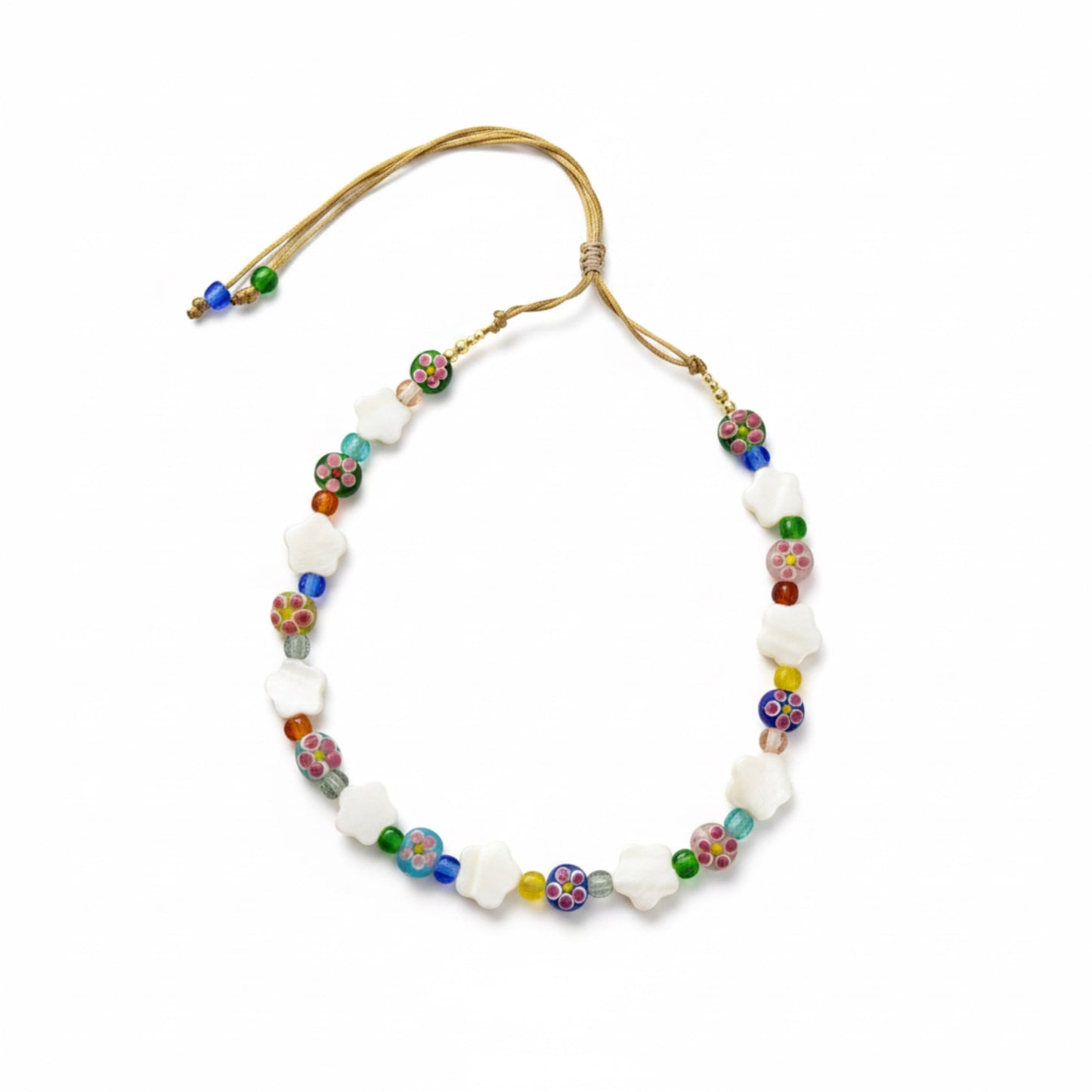 Necklace with colorful beads on a white background