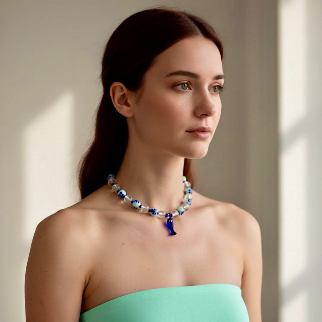 Woman wearing a blue and silver necklace against a neutral background